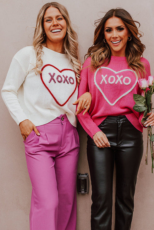 Heart XOXO Pattern Drop Shoulder Rib Knit Sweater